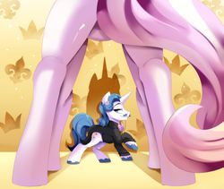 Size: 3150x2660 | Tagged: safe, artist:freedomthai, fancypants, fleur-de-lis, pony, unicorn, g4, butt, featureless crotch, female, for your eyes only, framed by legs, grin, high res, male, plot, raised hoof, rear view, sexy, ship:fancyfleur, shipping, smiling, straight, stupid sexy fleur-de-lis