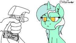 Size: 1920x1080 | Tagged: safe, artist:witchtaunter, lyra heartstrings, human, pony, unicorn, g4, :c, abusive human, animated, bad pony, behaving like a cat, ear fluff, female, flinch, floppy ears, frame by frame, frown, glare, hand, implied anon, lyra is not amused, mare, no pupils, offscreen character, one eye closed, plant mister, pony pet, punishment, raised hoof, simple background, sitting, spray, spray bottle, stupid horse, unamused, water, wet, white background, wink