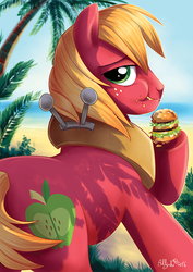 Size: 566x800 | Tagged: safe, artist:yulyeen, big macintosh, earth pony, pony, g4, big mac (burger), burger, eating, food, hamburger, male, mcdonald's, namesake, ponies eating meat, pun, solo, stallion, visual pun