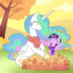Size: 1500x1500 | Tagged: safe, artist:madmax, princess celestia, twilight sparkle, alicorn, pony, unicorn, g4, ^^, autumn, clothes, concave belly, cute, cutelestia, duo, eyes closed, female, filly, filly twilight sparkle, height difference, leaf pile, leaves, momlestia, physique difference, scarf, slender, thin, twiabetes, unicorn twilight, younger