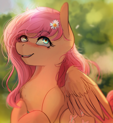 Size: 1100x1200 | Tagged: safe, artist:asianpony, fluttershy, pegasus, pony, g4, cute, female, flower, flower in hair, open mouth, shyabetes, sitting, solo, spread wings