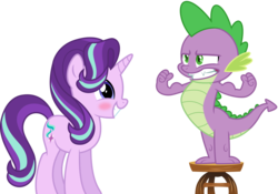 Size: 5751x4021 | Tagged: source needed, safe, artist:masem, artist:osipush, spike, starlight glimmer, g4, absurd resolution, blushing, female, flexing, gritted teeth, looking good spike, male, muscles, ship:sparlight, shipping, simple background, stool, straight, transparent background, vector