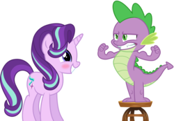 Size: 5751x4021 | Tagged: source needed, safe, artist:masem, artist:osipush, spike, starlight glimmer, dragon, pony, unicorn, g4, absurd resolution, age difference, blushing, duo, duo male and female, female, flexing, gritted teeth, horn, looking good spike, male, muscles, ship:sparlight, shipping, simple background, stool, straight, transparent background, vector, wingless spike