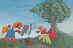 Size: 1633x1091 | Tagged: safe, artist:asdfasfasda, apple bloom, big macintosh, smarty pants, earth pony, pony, g4, adult foal, apron, clothes, cutie mark, diaper, diaper fetish, female, filly, laundry, male, non-baby in diaper, overalls, poofy diaper, stallion, the cmc's cutie marks, tree, washboard