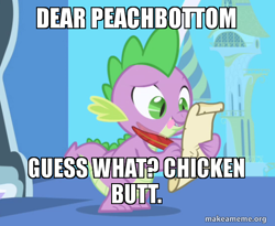 Size: 554x454 | Tagged: safe, edit, edited screencap, screencap, chickadee, ms. peachbottom, spike, dragon, friendship is magic, g4, caption, image macro, letter, makeameme.org, male, meme, quill, scroll, spike's love letters, tongue out, twilight's canterlot home, window
