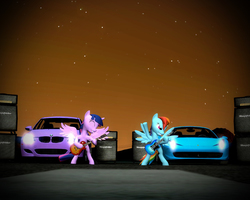 Size: 1280x1024 | Tagged: safe, artist:johnflaherty, rainbow dash, twilight sparkle, alicorn, pony, g4, 3d, bmw, bmw 5-series, bmw e60, bmw m5, car, electric guitar, ferrari, ferrari 458 italia, gmod, guitar, hypercar, musical instrument, supercar, twilight sparkle (alicorn)