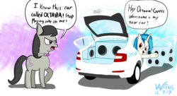 Size: 5500x3000 | Tagged: safe, artist:linlaifeng, dj pon-3, octavia melody, vinyl scratch, earth pony, pony, unicorn, g4, angry, bowtie, car, duo, female, mare, namesake, open mouth, pun, skoda, skoda octavia, speaker, speech bubble, waving