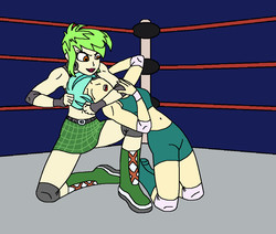 Size: 1232x1046 | Tagged: safe, artist:avispaneitor, cherry crash, tennis match, equestria girls, g4, background human, belly button, boots, clothes, ear piercing, earring, elbow pads, jewelry, knee pads, midriff, ms paint, piercing, plaid skirt, skirt, sports bra, sports shorts, wrestling, wrestling ring