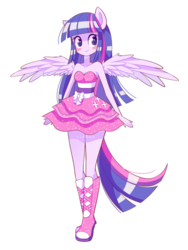 Size: 1024x1364 | Tagged: safe, artist:riouku, twilight sparkle, equestria girls, g4, blushing, boots, clothes, cute, dress, fall formal outfits, female, high heel boots, ponied up, ponytail, simple background, sleeveless, solo, sparkles, strapless, transparent background, twilight ball dress, twilight sparkle (alicorn), wings