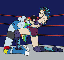 Size: 1184x1096 | Tagged: safe, artist:avispaneitor, indigo zap, rainbow dash, equestria girls, g4, clothes, equestria girls wrestling series, midriff, sports bra, wrestling