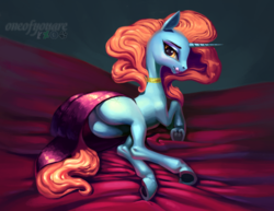 Size: 1280x987 | Tagged: safe, artist:oneofyouare, sassy saddles, pony, unicorn, g4, bedsheets, butt, explicit source, female, from behind, jewelry, licking, licking lips, lipstick, looking at you, mare, necklace, plot, prone, solo, sultry pose, tail upskirt