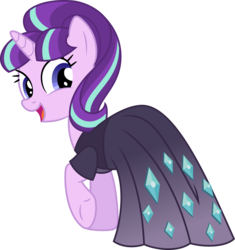 Size: 5539x5901 | Tagged: safe, artist:fruft, starlight glimmer, pony, unicorn, g4, .svg available, absurd resolution, clothes, dress, female, looking at you, looking back, open mouth, raised hoof, s5 starlight, simple background, smiling, solo, transparent background, underhoof, vector