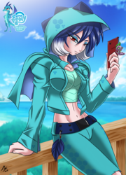 Size: 1600x2222 | Tagged: safe, artist:mauroz, princess ember, spike, human, g4, bedroom eyes, belly button, belt, breasts, busty princess ember, cellphone, clothes, eyeshadow, female, freckles, hoodie, humanized, keychain, leaning, lidded eyes, looking at you, makeup, midriff, my little pony logo, phone, smartphone, solo, wide hips