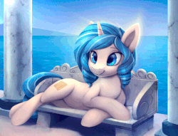 Size: 600x459 | Tagged: safe, artist:rodrigues404, oc, oc only, oc:opuscule antiquity, pony, unicorn, animated, bench, lying down, marble, prone, smiling, solo, sploot, water, wave