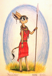 Size: 1048x1532 | Tagged: safe, artist:thefriendlyelephant, oc, oc only, oc:nuk, antelope, gerenuk, anthro, unguligrade anthro, africa, african, african culture, animal in mlp form, beads, bracelet, ear piercing, earring, jewelry, masai warrior, necklace, piercing, spear, traditional art, weapon