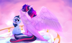 Size: 1250x750 | Tagged: safe, artist:aidapone, twilight sparkle, oc, oc:dusk shimmer, alicorn, pony, g4, colt, female, foal, male, mare, mother and son, offspring, parent:twilight sparkle, twilight sparkle (alicorn)