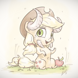 Size: 960x960 | Tagged: safe, artist:assasinmonkey, applejack, pony, g4, apple, belly button, chibi, cute, female, food, horns, jackabetes, looking at you, monster, solo, wat