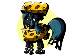 Size: 2200x1600 | Tagged: safe, artist:therandomjoyrider, queen chrysalis, changeling, changeling queen, g4, cheese, cheese hat, cheeselegs, cheeseling, female, food, hat, queen chrysalis is not amused, queen swissalis, solo, unamused
