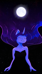 Size: 1024x1801 | Tagged: safe, artist:shiropoint, princess luna, anthro, g4, clothes, dress, eyes closed, female, freckles, moon, solo