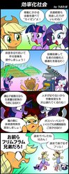 Size: 600x1515 | Tagged: safe, artist:uotapo, applejack, flam, flim, rarity, twilight sparkle, alicorn, pony, g4, colored pupils, comic, disguise, flim flam brothers, japanese, ponysuit, translated in the comments, twilight sparkle (alicorn)