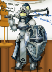 Size: 1600x2200 | Tagged: safe, artist:mopyr, oc, oc only, oc:camilia, anthro, armor, offscreen character, shield, solo, sword, weapon