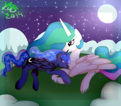 Size: 1024x903 | Tagged: safe, artist:ataliey, princess celestia, princess luna, g4, grass, moon, night, prone, royal sisters, stars