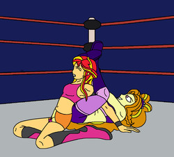 Size: 1202x1086 | Tagged: safe, artist:avispaneitor, adagio dazzle, sunset shimmer, equestria girls, g4, armpits, belly button, equestria girls wrestling series, midriff, wrestling