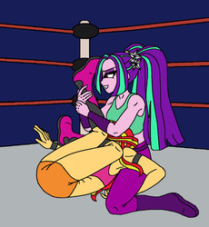 Size: 1056x1148 | Tagged: safe, artist:avispaneitor, aria blaze, sunset shimmer, equestria girls, g4, armpits, equestria girls wrestling series, midriff, wrestling