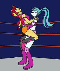 Size: 784x932 | Tagged: safe, artist:avispaneitor, sonata dusk, sunset shimmer, equestria girls, g4, belly button, boots, clothes, equestria girls wrestling series, midriff, shoes, wrestling