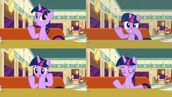 Size: 1280x720 | Tagged: safe, beaude mane, joan pommelway, twilight sparkle, alicorn, pony, g4, the saddle row review, background pony, booth, eyes closed, female, looking at you, loss (meme), mare, open mouth, screencap comic, sitting, smiling, table, twilight sparkle (alicorn), window