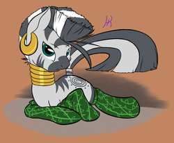 Size: 699x575 | Tagged: safe, artist:kidkaizer, zecora, zebra, g4, clothes, female, gradient background, looking at you, lying, simple background, socks, solo