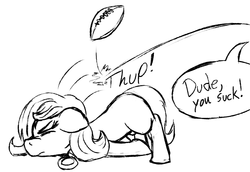 Size: 861x591 | Tagged: safe, artist:thebathwaterhero, oc, oc only, oc:emerald jewel, earth pony, pony, colt quest, american football, amulet, blank flank, child, colt, eyes closed, face down ass up, faceplant, foal, male, monochrome, solo focus, sports