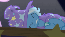Size: 1167x658 | Tagged: safe, screencap, starlight glimmer, trixie, pony, unicorn, g4, no second prances, season 6, animated, blinking, clothes, cute, diatrixes, eyes closed, female, glimmerbetes, looking at each other, looking back, mare, one eye closed, raised hoof, smiling, torn clothes, wink