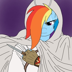 Size: 1000x1000 | Tagged: safe, artist:linedraweer, rainbow dash, anthro, g4, assassin dash, assassin's creed, cloak, clothes, gloves, hidden blade, knife, scar