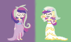 Size: 1417x850 | Tagged: safe, artist:sheimii, princess cadance, queen chrysalis, human, g4, disguise, duo, duo female, fake cadance, female, humanized, this day aria