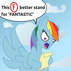 Size: 1000x1000 | Tagged: safe, artist:runbowdash, rainbow dash, pony, g4, cloud, f, female, flying, glare, greatest fear, open mouth, rainbow dumb, solo, speech bubble, spread wings