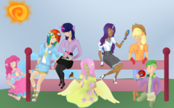 Size: 1920x1200 | Tagged: safe, artist:swiftstart, applejack, fluttershy, pinkie pie, rainbow dash, rarity, spike, twilight sparkle, human, g4, clothes, converse, dark skin, dress, horn, horned humanization, humanized, mane seven, mane six, shoes, skirt, winged humanization