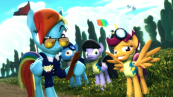 Size: 1920x1080 | Tagged: safe, artist:powdan, cloudchaser, night glider, rainbow dash, scootaloo, oc, pegasus, pony, g4, wonderbolts academy, 3d, clipboard, gmod, goggles, medal, older, rainbow waterfall, scootaloo can fly, sunglasses, waterfall, wonderbolt scootaloo, wonderbolt trainee uniform, wonderbolts dress uniform