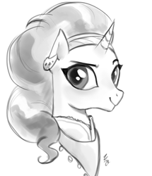 Size: 686x797 | Tagged: safe, artist:ehfa, saffron masala, pony, unicorn, g4, bust, ear piercing, earring, female, grayscale, jewelry, looking at you, mare, monochrome, piercing, portrait, simple background, solo, white background