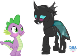 Size: 9462x6834 | Tagged: safe, artist:dnastudiobrony, spike, thorax, changeling, g4, the times they are a changeling, absurd resolution, black sclera, blushing, changeling x dragon, cute, floppy ears, gay, male, raised hoof, ship:thoraxspike, shipping, simple background, smiling, spikeling, transparent background, vector