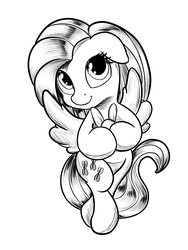 Size: 1200x1600 | Tagged: safe, artist:viwrastupr, fluttershy, g4, black and white, female, grayscale, holding, looking at you, monochrome, simple background, solo, spread wings, white background