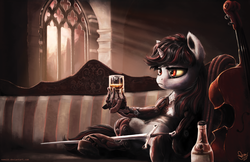Size: 4000x2588 | Tagged: safe, artist:nemo2d, oc, oc only, oc:blackjack, cyborg, pony, unicorn, fallout equestria, fallout equestria: project horizons, alcohol, amputee, bottle, cello, contrabass, crepuscular rays, cybernetic legs, deus ex, deus ex: human revolution, fallout, high res, i never asked for this, mechanized, musical instrument, prosthetic limb, prosthetics, red eyes, shot glass, sitting, solo, sword, weapon, whiskey