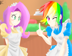 Size: 1924x1489 | Tagged: safe, artist:dimensionalotaku, fluttershy, rainbow dash, human, g4, clothes, fluttermaid, humanized, maid