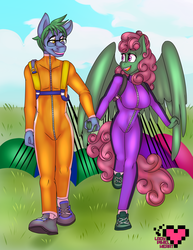 Size: 1280x1656 | Tagged: safe, artist:ladypixelheart, oc, oc only, oc:software patch, oc:windcatcher, anthro, anthro oc, breasts, clothes, commission, dragging, female, glasses, holding hands, jumpsuit, male, oc x oc, parachute, shipping, shoes, sneakers, straight, walking, windpatch