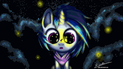 Size: 2000x1125 | Tagged: safe, artist:esuka, dj pon-3, vinyl scratch, firefly (insect), insect, pony, g4, animated, female, glowing, night