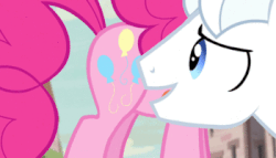 Size: 350x200 | Tagged: safe, edit, edited screencap, screencap, double diamond, pinkie pie, pony, g4, the cutie map, animated, butt, cutie mark, equal pony, eyes on the prize, female, flank, grin, hiding, mare, plot, smiling