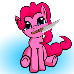 Size: 1000x1000 | Tagged: safe, artist:captainggkitten, pinkie pie, earth pony, pony, g4, :3, cute, diapinkes, female, gradient background, knife, looking at you, mare, mouth hold, nom, sitting, smiling, solo, underhoof