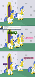 Size: 1000x2185 | Tagged: safe, artist:hakar-kerarmor, queen chrysalis, oc, oc:monolith, oc:nors, changeling, ask four inept guardponies, g4, disguise, disguised changeling, fourth wall, lampshade hanging, royal guard