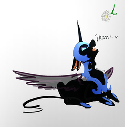 Size: 1185x1206 | Tagged: safe, artist:alumx, nightmare moon, g4, behaving like a cat, female, flower, hissing, prone, simple background, solo