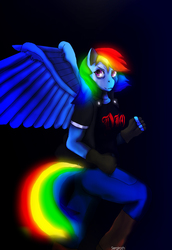 Size: 880x1280 | Tagged: dead source, safe, artist:sergiroth, rainbow dash, anthro, g4, dio, female, heavy metal, pun, rainbow in the dark, solo, song reference, visual pun